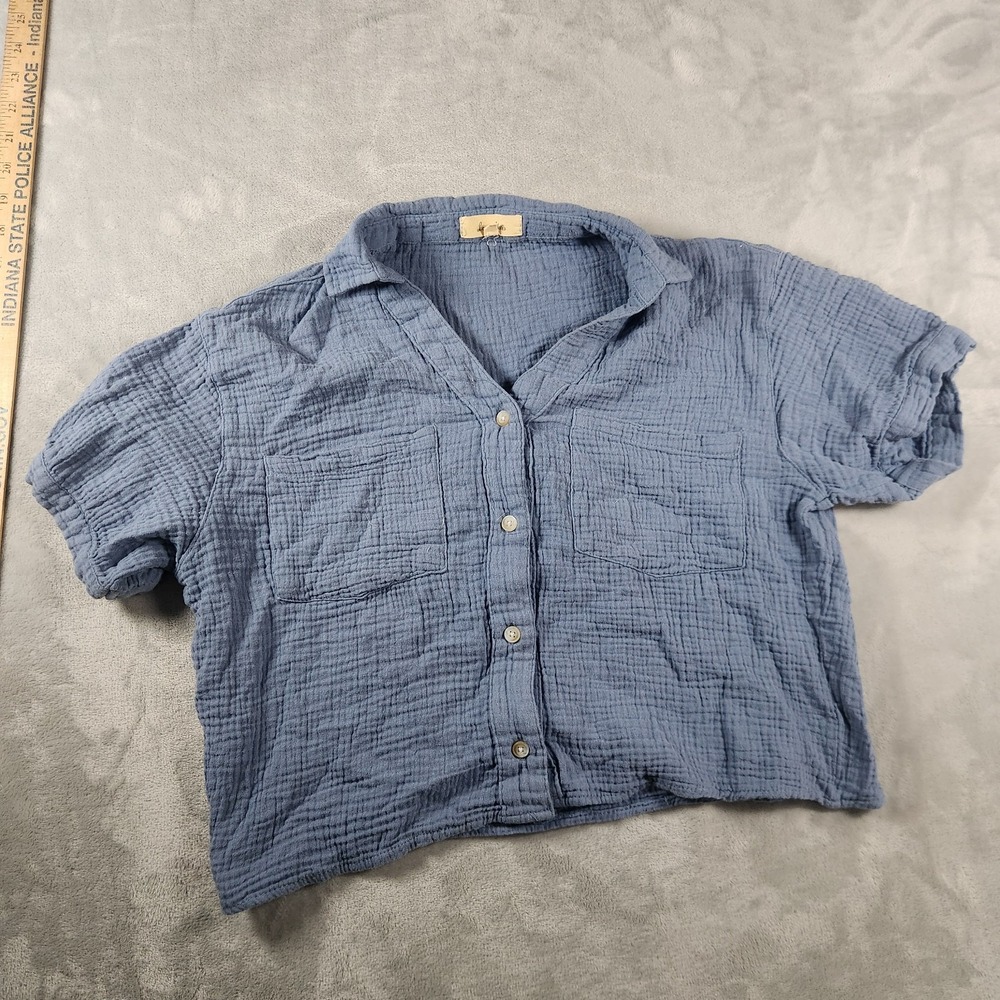 Love Notes Linen Blend Cropped Button Up Shirt Blue Womens Small Boho Coastal